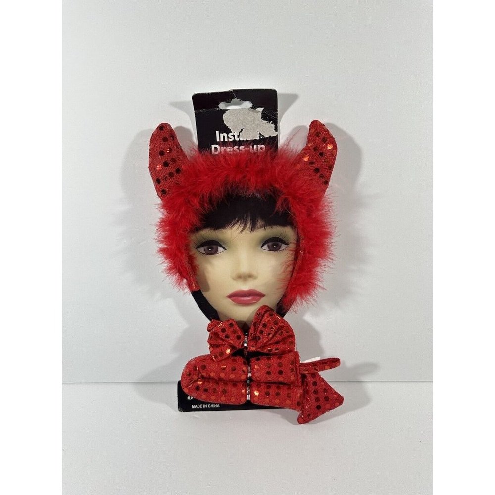 Red Devil Costume Accessory Set Sequined Feathers Headband Horns Bow Tie Tail